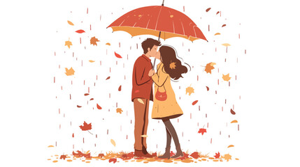 illustration of loving couple kissing under umbrella