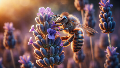 Image of a bee collecting nectar from a lavender flower. Focusing on the textures and colors of the bee and flower against a blurred garden background. - obrazy, fototapety, plakaty