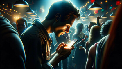 A man at a crowded party looking at his phone. The concept of the influence of social networks on a person. - obrazy, fototapety, plakaty