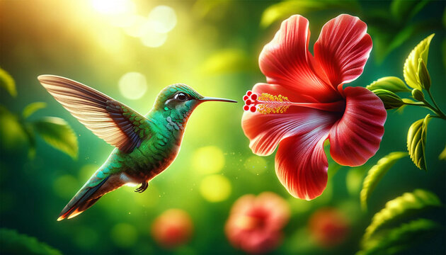 Close-up of a flying hummingbird hovering next to a bright red hibiscus flower. The background is a blur of green, depicting a lush garden