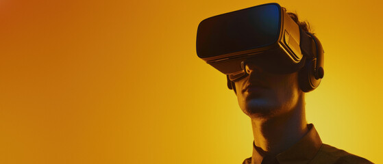 A female subject is draped in white clothing, donning a VR headset against a warm orange hue, denoting a sense of adventure and exploration