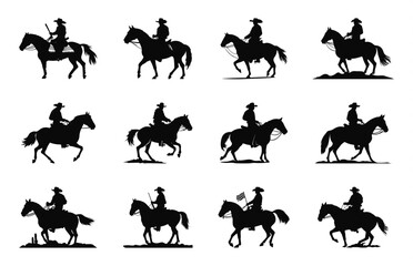 Mexican Cowboy Riding a Horse Silhouette Vector art Set, Mexican Charro on a horse black Silhouette Clipart bundle