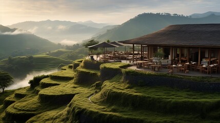 A picturesque hillside restaurant surrounded by terraced fields and farmhouses - obrazy, fototapety, plakaty