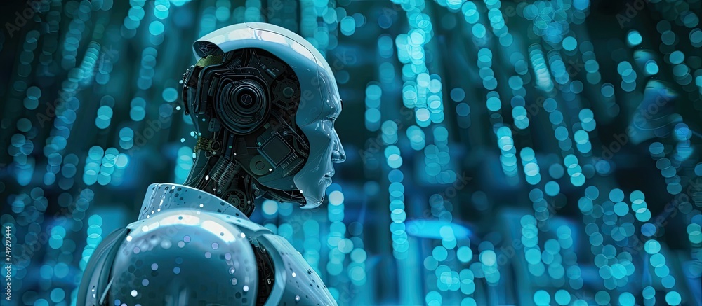 Poster a robot is positioned upright in front of a solid blue background. the robot appears to be stationar