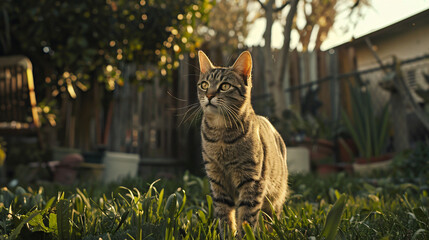 Tabby domestic shorthair cat standing on grass.