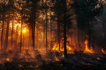 A natural disaster, an uncontrollable fire burning trees and grass.