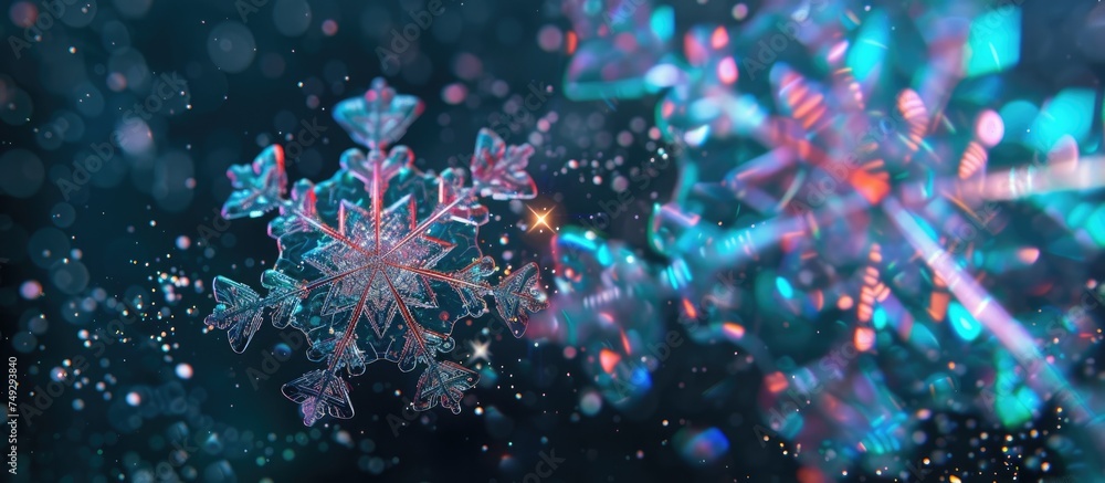 Poster a close-up view of a colorful snowflake shining vibrantly against a dark backdrop, creating a captiv