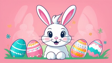 Cute bunny and colorful easter eggs on pink background, easter card
