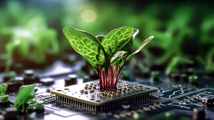 a computer chip illustrates an eco friendly concept of new life - obrazy, fototapety, plakaty