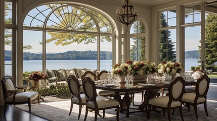 A refined dining room with large windows overlooking a serene lakeside landscape