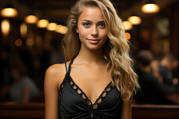 Charming blonde woman in a black lace dress, with a lively ambiance and soft bokeh lights in the background.