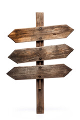 Fototapeta premium old wood directional sign against white background, in the style of clever wit сreated with Generative Ai