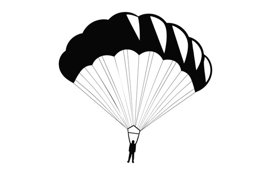 Ski Parachute Gliding Silhouette Vector, Paragliding Parachute Black Clipart Isolated On A White Background