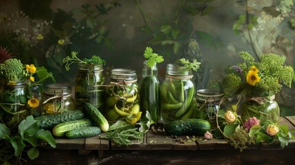 Preserved Cucumbers in Glass Jars on Wooden Table, Pickling jars with fresh cucumbers on wooden table