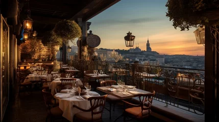 Foto op Plexiglas A refined restaurant with tables set on a balcony overlooking a bustling city street © Wajid