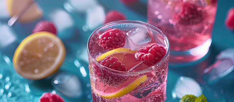 A glass filled with vibrant raspberry lemonade sits on a smooth blue surface, enticing with its colorful and refreshing appearance. The sweet and tangy drink is ready to be enjoyed.