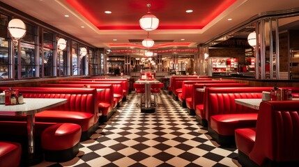 A retro-style burger joint with checkered floors and red leather booths