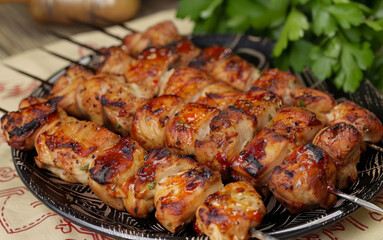 Close-up of shish kebabs with colorful grilled vegetables, ready to be enjoyed