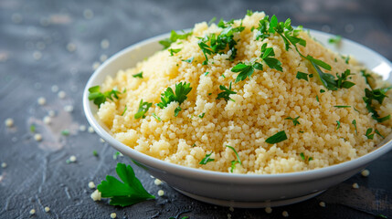 Bowl of Cooked Couscous Garnished with Fresh Parsley