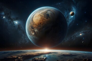 Planets in deep space. Panorama in the endless expanse of space. Cinematic view.	