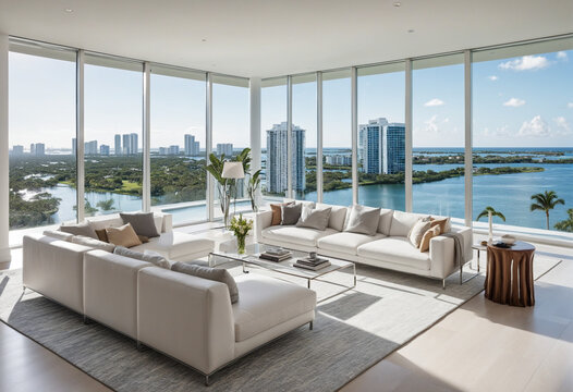 April 2020 in South Florida A large, open living space with sweeping views of the city and water. White, airy, and minimalist with floor to ceiling glass windows. 