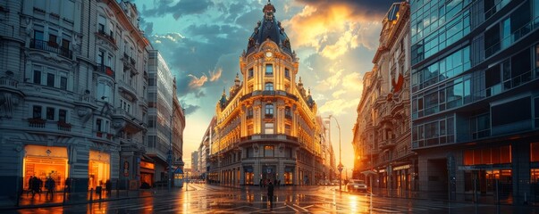 Amidst a modern cityscape, a lone and ornate Baroque building stands proudly. - obrazy, fototapety, plakaty