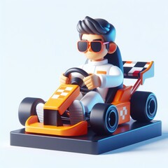 Racer in a racing car in a static pose and black glasses. Colorful Cartoon Cute 3D character.