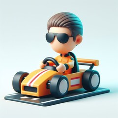Racer in a racing car in a static pose and black glasses. Colorful Cartoon Cute 3D character.