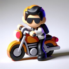 Biker on a motorcycle in black glasses. Colorful Cartoon Cute 3D character.