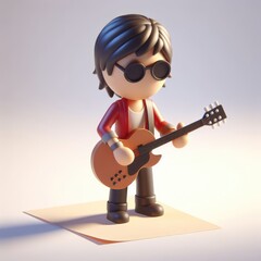 Rock star with a guitar in a static pose and black glasses. Colorful Cartoon Cute 3D character.