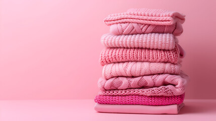 Fast fashion Overconsumption trends in fashion industry.Stack of pink clothing on pink background. generative ai 