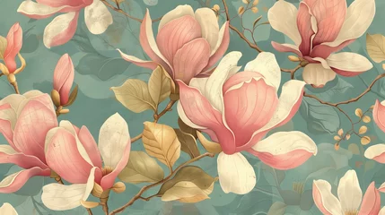 Gordijnen watercolor pattern magnolia flowers, white and pink magnolia vintage pattern on the green background © elenarostunova