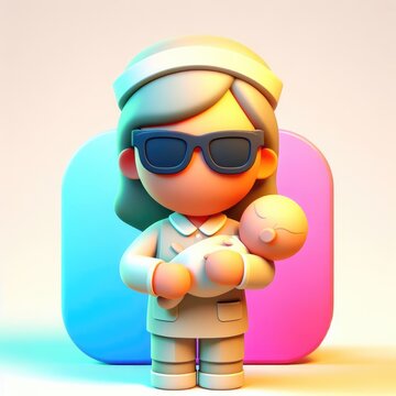 Nurse with a baby in a static pose and black glasses. Colorful Cartoon Cute 3D character.
