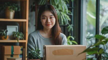 Fototapeta premium Beautiful Asian online business owner is preparing a parcel box to prepare the package for delivery to the customer