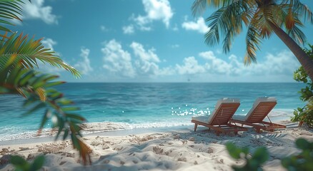 Tropical vacation concept with beach on tropical vacation island with palms and blue ocean.Macro.AI Generative.