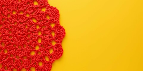 Red crochet doily on a yellow background with copy space. - obrazy, fototapety, plakaty