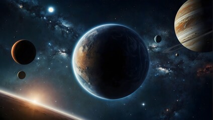 Planets in deep space. Panorama in the endless expanse of space. Cinematic view.	
