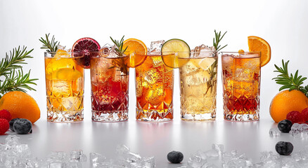 Glasses of various alcoholic cocktails with ice cubes and dressing on white background suitable for bar or nightclub.Macro.AI Generative. - obrazy, fototapety, plakaty