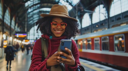 Fototapeta na wymiar Euphoric woman watching her smart phone in a train station while is waiting