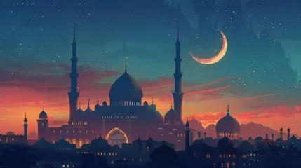 Fotobehang Islamic background, half moon, chand, mosque, lantern © Nouman Ashraf