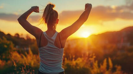 Happy successful sportswoman raising arms to the sky on golden back lighting sunset summer. Fitness...
