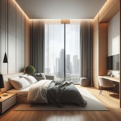 A modern bedroom with a minimalist design, a large window, and a cozy bed