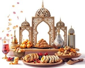 Islamic background, half moon, chand, mosque, lantern