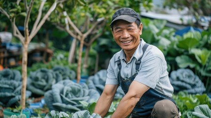 Portrait of happy sme owner asian man working in gardening cabbage farm, nursery worker planting in organic farm, startup small business owner, asian farmer job, fresh green vegan food banner concept - obrazy, fototapety, plakaty