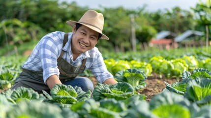 Portrait of happy sme owner asian man working in gardening cabbage farm, nursery worker planting in organic farm, startup small business owner, asian farmer job, fresh green vegan food banner concept
