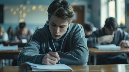 School exam, student taking educational admission test in class, thinking hard, writing answer in university classroom, education and world literacy day concept - obrazy, fototapety, plakaty