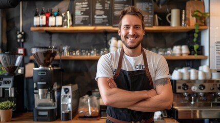 Startup successful sme small business owner caucasian man stand in his coffee shop or restaurant. Portrait of young smile caucasian man successful barista cafe owner concept
