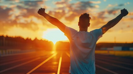 Fototapeta na wymiar Successful man raising arms after cross track running on summer sunset. Fitness male athlete with arms up celebrating success and goals after sport exercising and working out.