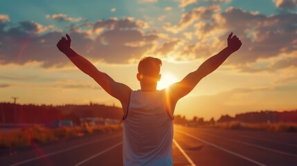 Successful man raising arms after cross track running on summer sunset. Fitness male athlete with arms up celebrating success and goals after sport exercising and working out. - obrazy, fototapety, plakaty