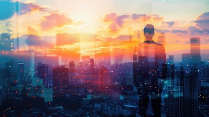 Fototapeta na wymiar The double exposure image of the business man standing back during sunrise overlay with cityscape image. The concept of modern life, business, city life and internet of things.